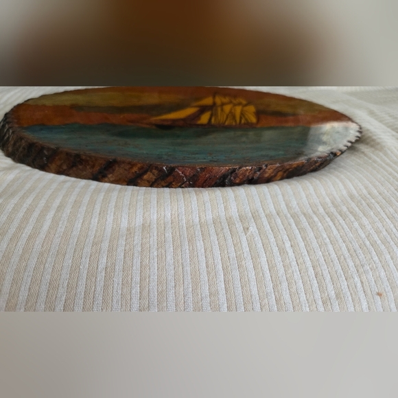 Vintage Handmade Nautical Wood Slice Etched Ship Art Wood Burning Ocean - Picture 8 of 10